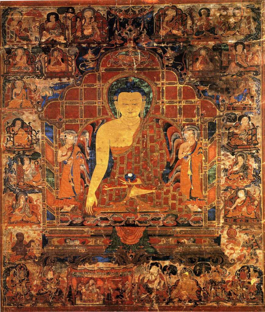 British Museum Top 20 Buddhism 11 Shakyamuni Buddha With Two Disciples and the 18 Arhats Tangka 11. Shakyamuni Buddha With Two Disciples and the 18 Arhats Tangka - Tibet, mid-15C, 93 x 79 cm. The British Museum has many artifacts that are not on display, like this one. Shariputra and Maudgalyayana flank Buddha, who sits on an elaborate throne structure composed of a broad pedestal and a large screen like backing. The eighteen arhats are to the left and right of the painting, while at the bottom two corners are the four Heavenly Kings. Photo  Marilyn Rhie and Robert Thurman: Wisdom and Compassion - The Sacred Art Of Tibet.